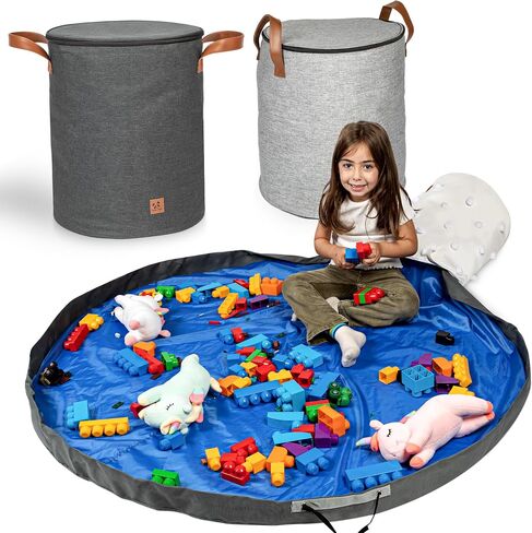 Toy Storage Basket and Playmat - Large Toy Blanket Storage Mat with Zippers - Slide Away Canvas Bag Storage Bin - Sturdy Kids Storage Baskets & Mat - Toy Bag Play Mat For Girls & Boys, Light Grey in Saudi Arabia