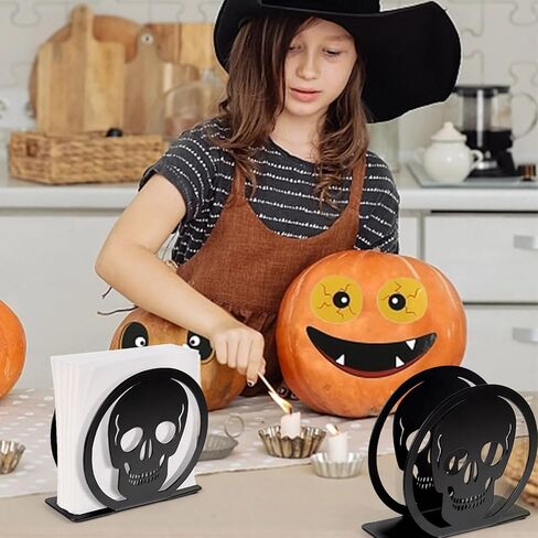 قطعتين من حامل مناديل جمجمة الهالوين، حامل مناديل معدنية سوداء، حامل مناديل العشاء والكوكتيل الجديد، حامل مناديل ورقية، منظم للمنزل، المطبخ، المطعم، ديكور الفندق in Kuwait
