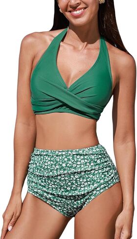 CUPSHE Women's Bikini Sets Two Piece Bathing Suit High Waisted V Neck Halter Front Twist Back Hook Textured in Kuwait