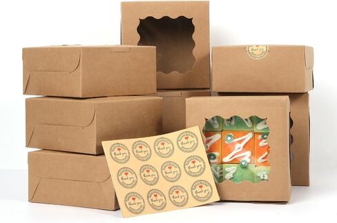 36 pcs 6x6x3 Inches Small Cake Box with Window, Bakery Box, Pastry Boxes, Cookie Boxes, Mini Pie Box for Pastry,Dessert,Strawberries,Chocolates, Cupcakes with paper stickers (Brown) in Kuwait