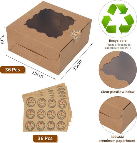 36 pcs 6x6x3 Inches Small Cake Box with Window, Bakery Box, Pastry Boxes, Cookie Boxes, Mini Pie Box for Pastry,Dessert,Strawberries,Chocolates, Cupcakes with paper stickers (Brown) in Kuwait