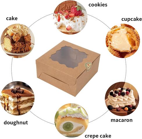36 pcs 6x6x3 Inches Small Cake Box with Window, Bakery Box, Pastry Boxes, Cookie Boxes, Mini Pie Box for Pastry,Dessert,Strawberries,Chocolates, Cupcakes with paper stickers (Brown) in Kuwait