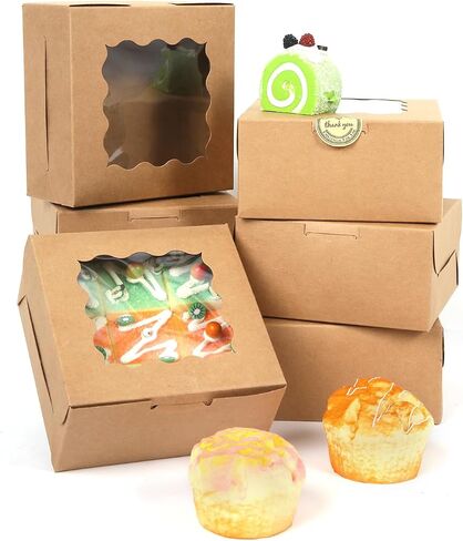 36 pcs 6x6x3 Inches Small Cake Box with Window, Bakery Box, Pastry Boxes, Cookie Boxes, Mini Pie Box for Pastry,Dessert,Strawberries,Chocolates, Cupcakes with paper stickers (Brown) in Kuwait