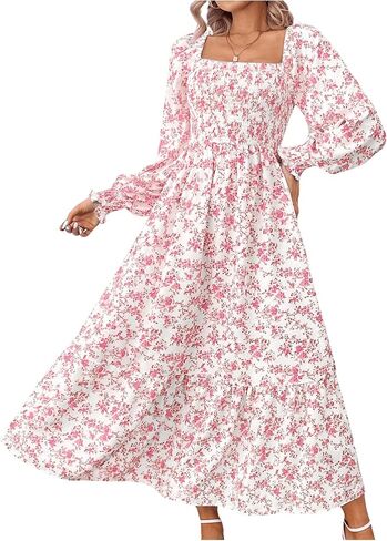 MakeMeChic Women's Floral Lantern Long Sleeve Dress Square Neck Ruffle Hem Dresses Shirred A Line Vacation Dresses in Saudi Arabia