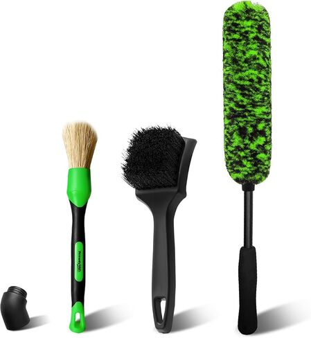 Car Wheel Brush Kit, 3 Pack Long Handle Wheel Cleaning Brush and Detailing Brush, Scratch-Free Wheel Cleaner Brushes for Vehicle Motorcycle Rim Fenders Engine Exhaust Tips, Green in Saudi Arabia