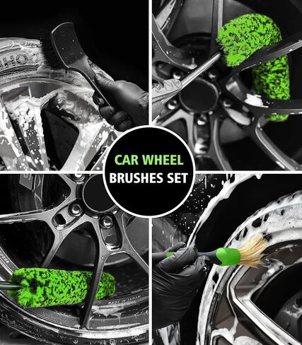 Car Wheel Brush Kit, 3 Pack Long Handle Wheel Cleaning Brush and Detailing Brush, Scratch-Free Wheel Cleaner Brushes for Vehicle Motorcycle Rim Fenders Engine Exhaust Tips, Green in Saudi Arabia