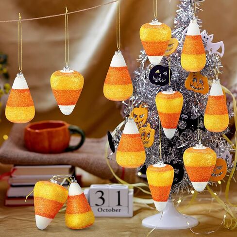 12 Pcs Halloween 3D Glitter Candy Corn Ornaments Large Halloween Candy Corn Hanging Pendant with Ropes Mini Tree Decorations for Halloween Christmas Holiday Garland Candy Party(Candy Style) in Saudi Arabia