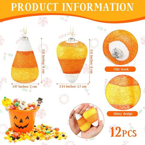 12 Pcs Halloween 3D Glitter Candy Corn Ornaments Large Halloween Candy Corn Hanging Pendant with Ropes Mini Tree Decorations for Halloween Christmas Holiday Garland Candy Party(Candy Style) in Saudi Arabia