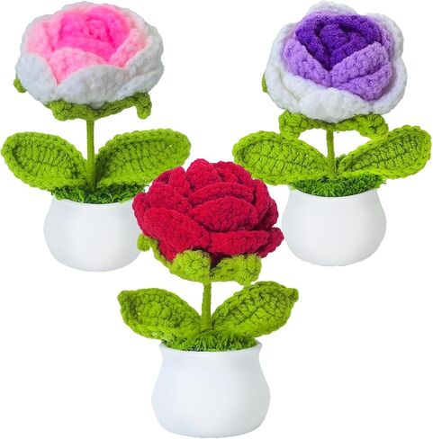 3 PCS Artificial Crochete Flowers Cute Handmade Knitted Potted Plants, Crocheted Flowers Bouquet Finished for Desk Decor Home Decor Car Dashboard Decor, Birthday Gifts (Lotus) in Saudi Arabia
