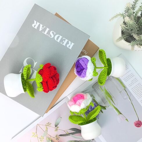 3 PCS Artificial Crochete Flowers Cute Handmade Knitted Potted Plants, Crocheted Flowers Bouquet Finished for Desk Decor Home Decor Car Dashboard Decor, Birthday Gifts (Lotus) in Saudi Arabia
