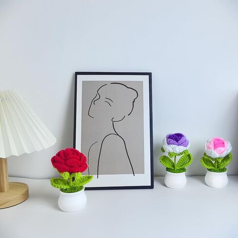 3 PCS Artificial Crochete Flowers Cute Handmade Knitted Potted Plants, Crocheted Flowers Bouquet Finished for Desk Decor Home Decor Car Dashboard Decor, Birthday Gifts (Lotus) in Saudi Arabia