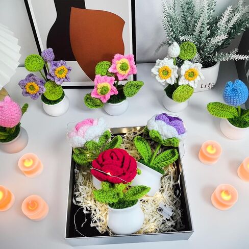 3 PCS Artificial Crochete Flowers Cute Handmade Knitted Potted Plants, Crocheted Flowers Bouquet Finished for Desk Decor Home Decor Car Dashboard Decor, Birthday Gifts (Lotus) in Saudi Arabia