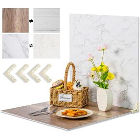 2 Pack Backdrop Boards for Photo | 24 x 24 Inches | Replica Surface | Food Photography Background | Marble & Cement | 4 Brackets