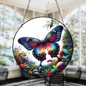 11.8 Inches Large Butterfly Acrylic Window Hanging Stained Glass Decor Wildflowers Wall Art Mural Suncatcher for Bedroom Office Garden Wall Decoration Indoor Window Decor Gift for Mom Grandma Teacher