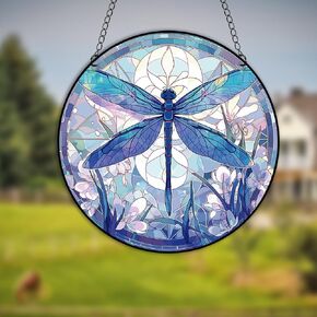 HOTIYOK Dragonfly Stained Acrylic Window Hangings Panels Flower Ornaments for Indoor Window Birthday Party Decorations Gifts for Mom Grandma Teacher Insect Lover