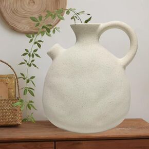Rustic Ceramic Pitcher Vase with Handle, Antique Farmhouse Matte Textured Plain Neutral Unfinished Rough Clay Jug Pottery Vases for Home Decor