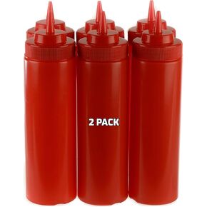 [2 PACK] 24 Oz Red Plastic Condiment Squeeze Bottles Squirt Bottle for Sauces, Dressing, Arts and Crafts, Ketchup, Mustard, Oil, BBQ - Clear Reusable Plastic Containers, BPA Free, Dishwasher Safe