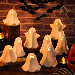 Domensi 9 Pcs Halloween Ceramic Ghost Figurines with LED Lights, Small White Spooky Ghost Sculpture Statue Cute Halloween Miniatures for Gifts Home Centerpiece Table Mantel Collections Decorations