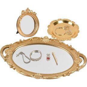 Perfume Vanity Tray Coquette Decor - 3 Pcs Decorative Perfume Tray Set, Jewelry Tray & Bow Makeup Mirror & Vanity Tray, Gold Perfume Tray Organizers, Coquette Vintage Decor for Room Bathroom, White