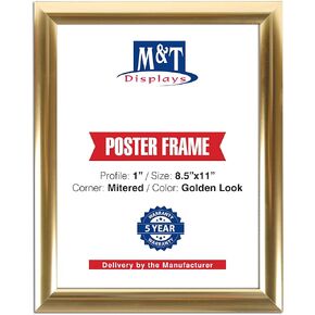 M&T Displays Snap Poster Frame 8.5x11 Inch Gold 1" Aluminum Profile Front Loading Wall Mounting Photo Picture Document Certificate Sign Holder Mitered Corner Anti Glare Cover