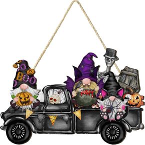 Halloween Door Decoration Welcome Hanging Sign for Front Door, Happy Halloween Porch Sign Door Hanger Wreath Decor Halloween Gnome Wooden Door Sign for Home Window Wall Decor (02)