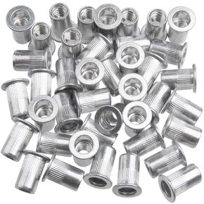 PAGOW 100 Pcs 1/4"-20 UNC Aluminum Rivet Nuts, Flat Head Threaded Rivet Insert, Hardware Nuts Kit, Threaded Inserts for Metal