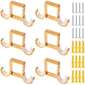 Curtain Rod Brackets, 6Pcs Aluminum Alloy Ceiling-Mount Brackets Double Curtain Pole Holders Ceiling Curtain Pole Hanging Supports with Screws, for 25mm-27mm Curtain Pole (Gold)