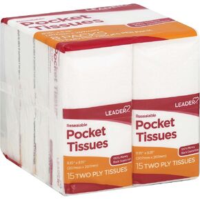 LEADER Soft 2-Ply Facial Tissues Pocket Packs, Pure Cotton, On-The-Go Travel Size Bulk, Resealable, No Lotion, 16 Packets of 15 (240 Tissues)