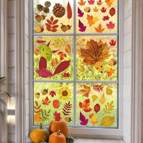 9 Sheets Fall Window Clings for Glass Fall Leaves Maple Window Sticker for Thanksgiving Day, High Glossy Double-Side Acorns Window Decorations for Indoor Outdoor, Home Office
