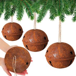 Tandefio 3 Pcs Large Vintage Christmas Bells Rusty Metal Jingle Bells Decoration Christmas Tree Ornament 5.5" 4.7" 4" H Giant Decorative Sleigh Bells with Rope for Xmas Tree Door Home DIY Crafts Decor