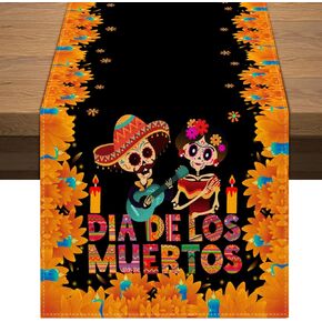 Mexican Day of The Dead Table Runner Mexico Dia De Los Muertos Sugar Skull Table Cover Dining Room Kitchen Home Indoor Outdoor Holiday Party Table Decoration (13" x 72")