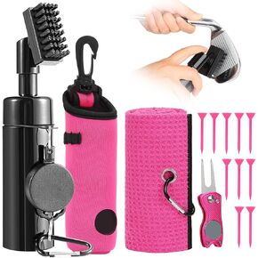 HuiJuKeJi 14 Pcs Pink Golf Club Cleaning Accessories Kit for Women - Includes 10 Golf Tees,Ball Bag,Golf Towel,Retractable Club Groove Cleaner Brush,Divot Tool with Magnetic Ball Marker