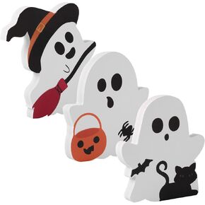 3pcs Halloween Wooden Decoration, Halloween Tiered Tray Table Sign Cute Pumpkin Cat Broom Ghost Decor for Home Halloween Theme Party