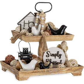 Hanobe Tiered Tray for Table Decor: 2 Tier Serving Stand Farmhouse Decorative Tray for Coffee Bar Centerpiece Rectangle Wood Display Stands Kitchen Counter