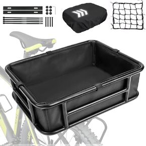Bike Basket Rear, Bicycle Rear Basket with Cargo Net, Waterproof Cover and Liner, Heavy Duty Bicycle Basket Rear for Most Bikes & Electric Bike