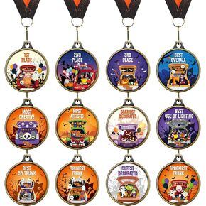 Jenaai 12 Pcs Halloween Trunk or Treat Medals 2" Halloween Trophy Awards Halloween Award Medals with Ribbon for Halloween Costume Party Contest