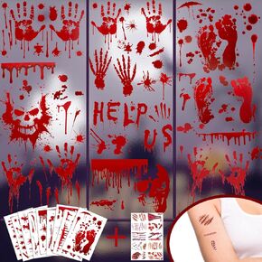 Halloween Decorations Window Clings - 9 Sheets 90 Pcs Bloody Handprint Footprints Stickers with 10 Pcs Tattoo Stickers, Double Sided Static Wall Floor Decals for Horror Bathroom Zombie Party