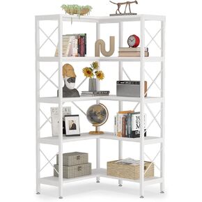LITTLE TREE 5-Shelf Corner Bookshelf, 5 Tier Large Modern Corner Bookcase Corner Shelf Display Rack Storage Organizer for Living Room, Black
