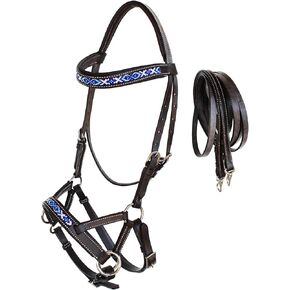 CHALLENGER Horse Western Padded Leather Beaded Bitless Sidepull Bridle Reins 77RT14BR-F