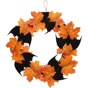 Orgrimmar 10" Halloween Maple Wreath Garland Artificial Maple Leaf Bats Vines Door Hanging for Halloween Party Thanksgiving Harvest’s Day Decoration