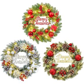 SAN LIKE 3 Pcs Mini Merry Christmas Wreaths with Lights, 12.6 lnch LED Christmas Wreath for Front Door Decor, Small Indoor Outdoor Xmas Wreath for Holiday Christmas Party Decorations