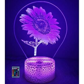 3D Sunflower Night Light USB Powered Touch Switch Remote Control LED Decor Optical Illusion 3D Lamp 7/16 Colors Changing Brithday Room Decoration