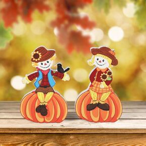 2Pcs Fall Decorations for Home, Wooden Fall Scarecrow Block Signs Autumn Tiered Tray Decor, Cute Scarecrow Fall Table Centerpieces, Thanksgiving Tabletop Decor for Harvest Party Decorations (Standing)