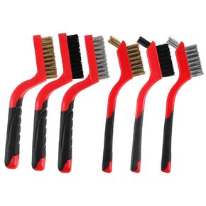 Wire Brush Set,6 Pcs Brass/Stainless Steel/Nylon Wire Brushes for Cleaning with Curved Handle Grip for Rust Removal, Dirt, Paint Scrubbing,7 Inches (Red)