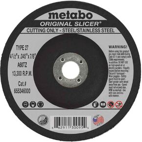 Metabo 4-1/2-inch Original Slicer® Wheel | Type 27 | 4.5" x .045" x 7/8" | A60TZ | Aluminum Oxide | Very Fast & Flexible | Steel, Stainless Steel | 655346000