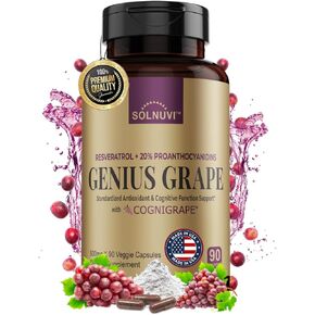 Resveratrol Complex Supplement 1500mg with Clinically Tested Cognigrape Red Grape Extract 20% Proanthocyanidins - Antioxidant & Brain Health Support - 90 Veggie Capsules, Non-GMO, Gluten-Free, Vegan
