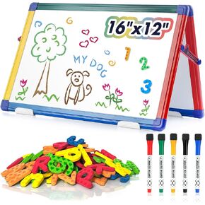 SWANCROWN Portable Dry Erase White Board for Kids, 16x12 inch Portable Magnetic Tabletop Whiteboard Small Double Sided Art Easel with 82Pcs Letter Magnets Magnetic Desktop Foldable Magnet Board Kids