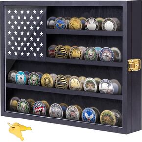 Military Challenge Coin Display Case, 16"x12" Wooden American Flag Medal Shadow Box with Anti-Fade UHD Acrylic Door, Gold-Antitheft Lock, 2 Groove Shelves and Wall Mount (Black184)
