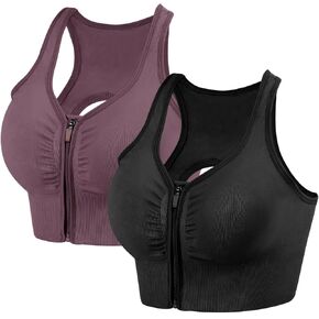 2 Pack Sports Bras for Women Zip Front Closure Yoga Bra Seamless Wirefree Padded High Impact Running Gym Workout Bras