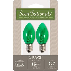 Scentsationals 15w Bulbs for Accent Wax Warmer, 15 Watt Light Bulb Candelabra E12 Base - Replacement Electric Wall Plug-in Wax Melter Candle, Certified Style C7 120 Volt (2 Bulbs - Green)